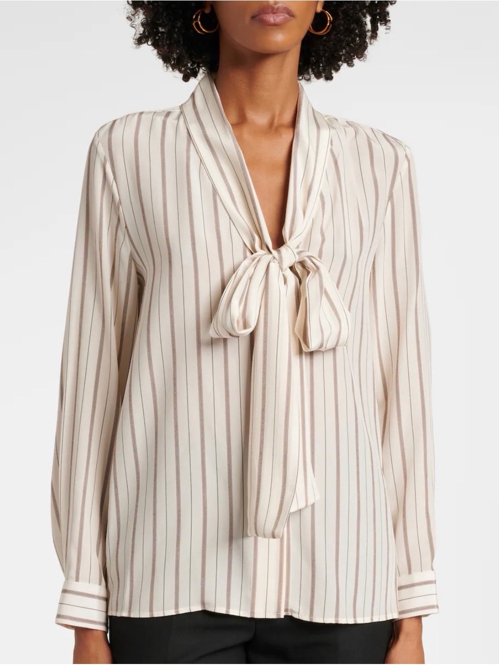 Nili Lotan Cream and Brown Striped Tie-Neck Silk Blouse